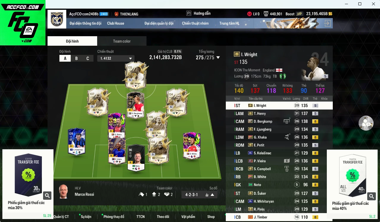 Arsenal 2.141.280b dư 23.100b có Henry ITM+5, Bergkamp DC, Petit ITM+5, Vieira CC, Wright ITM+5, Campbell ITM+5, Pirès ITM+5, Xhaka 23HW, Suker ITM+5, Ljungberg ITM+5, White 23HW... Đã đào tạo full nhiều cầu thủ, HLV Xịn